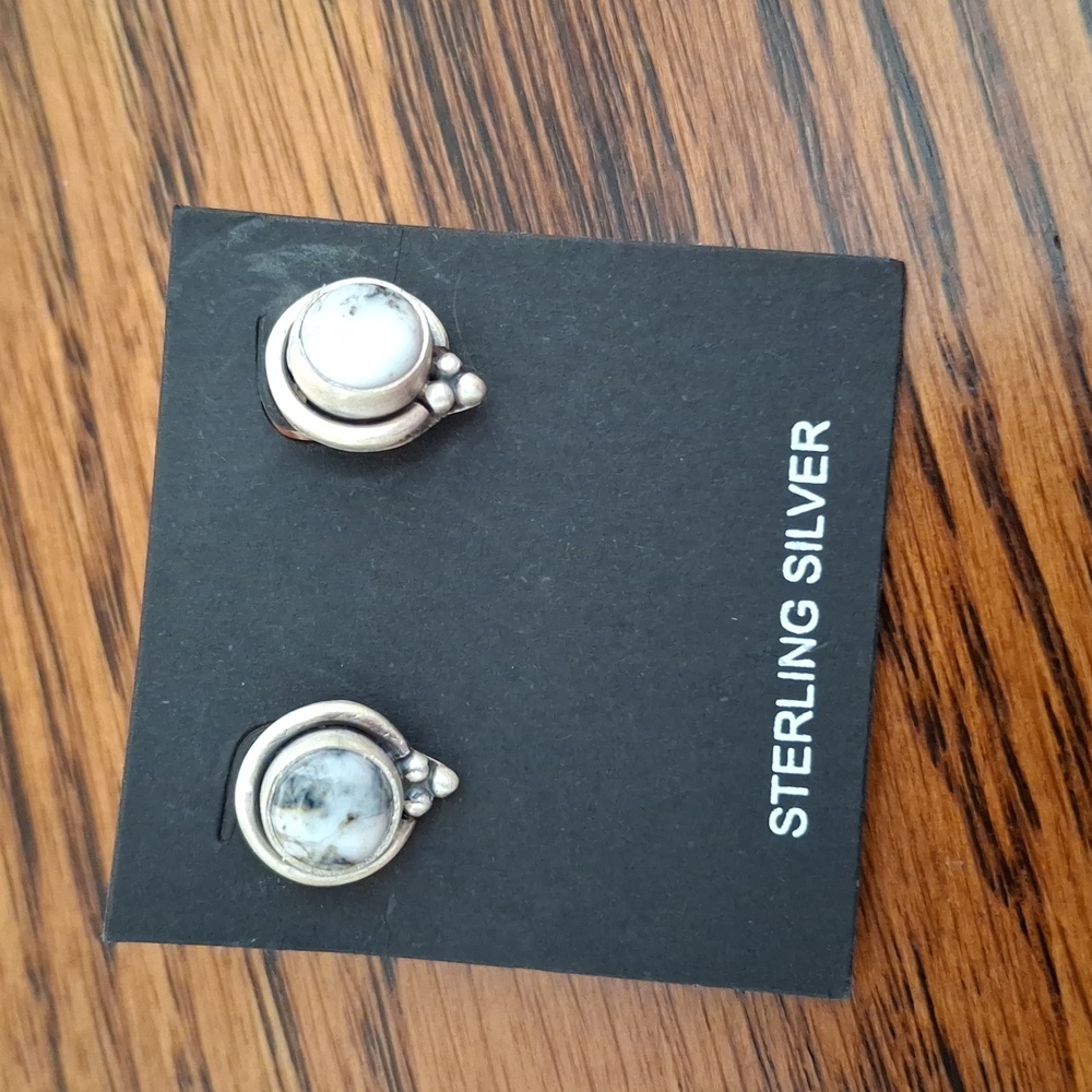 White Buffalo Natural Stone Stud Earrings Sterling Silver Hardware